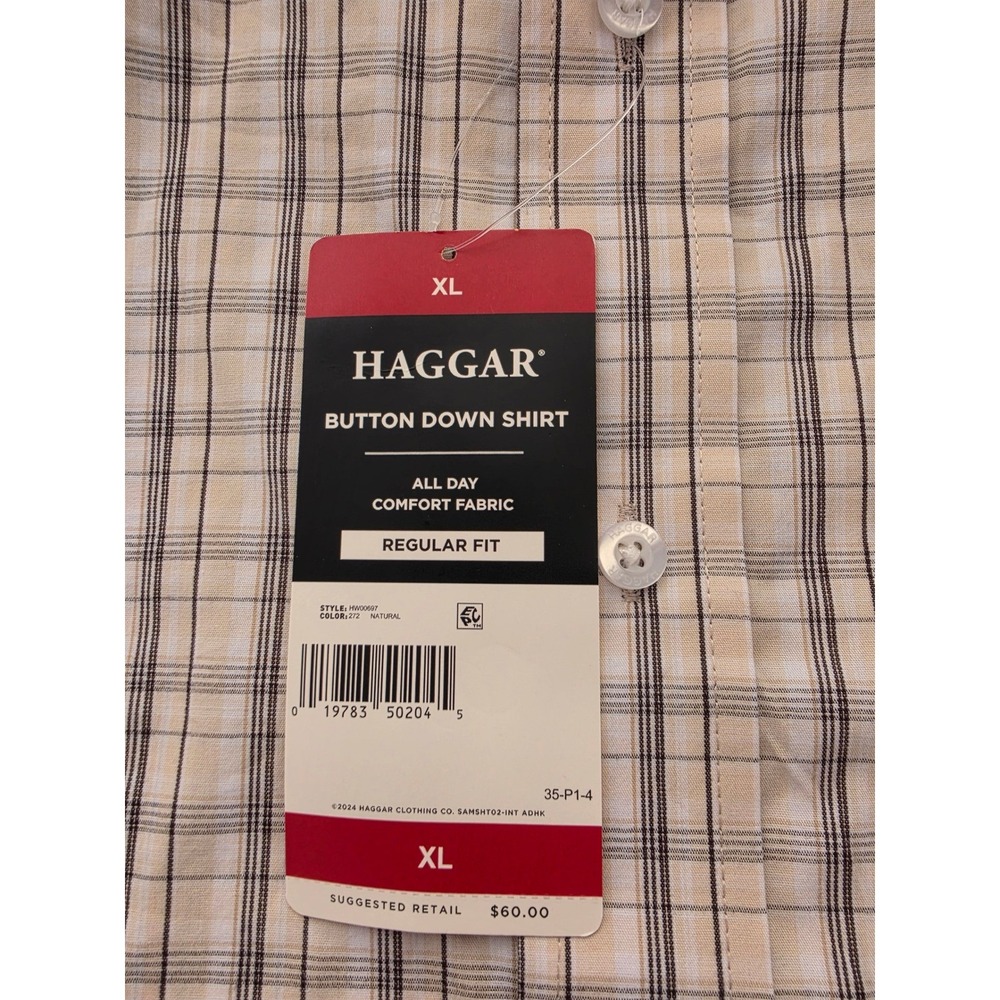 Haggar Mens Button Down Shirt XL NWT Natural Plaid All Day Comfort  Regular $60 - Picture 6 of 8